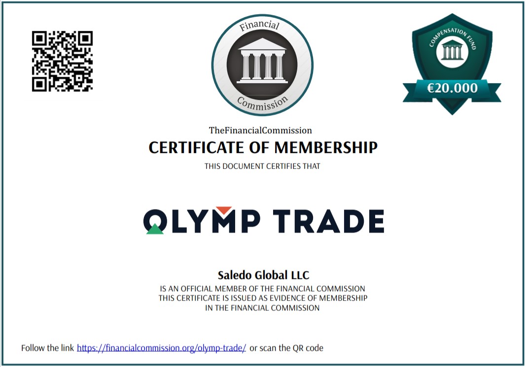 เอกสารรับรองว่า Olymp Trade เป็นสมาชิก FINACOM